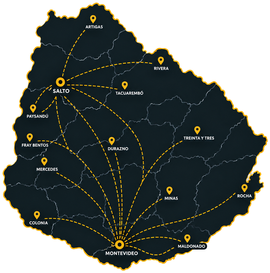 Mapa de cobertura de Ruta 3 en todo el territorio uruguayo, con base en Salto